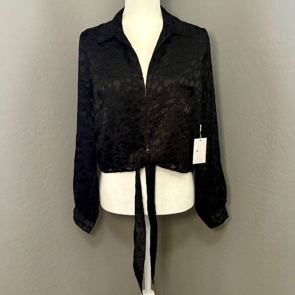 NWT Good American 2 (M) Long Sleeve Tie Front Black Leopard‎ Burnout Blouse - Picture 1 of 9